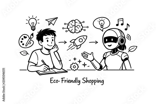 Human and artificial intelligence collaboration hand drawn illustration with artificial intelligence collaboration technology innovation creativity lightbulb thinking handdrawn learning