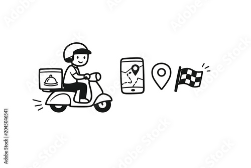 Food delivery courier riding scooter with navigation map online ordering logistics service delivery person delivery navigation location destination transport logistics shipping smartphone