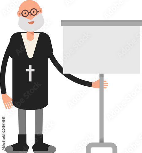 Foto Old Priest Character Presenting Whiteboard