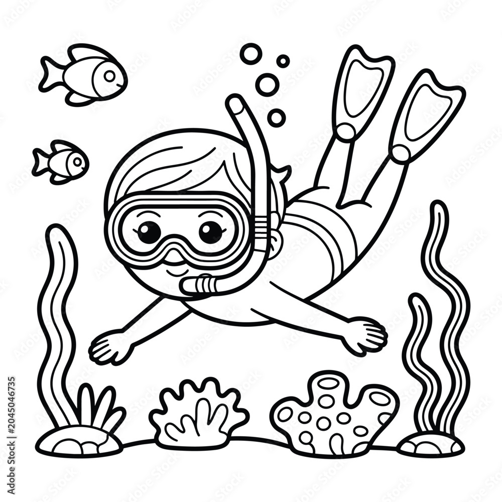 Obraz premium Child Snorkeling Underwater Line Art Illustration