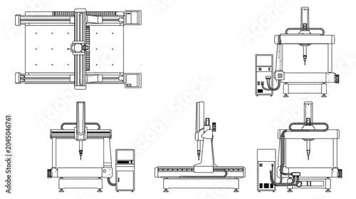 Coordinate measuring machines industrial inspection equipment technical drawing blueprint with front side back and top views CAD line art vector illustration