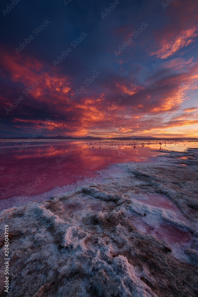 Obraz premium Andean altiplano landscape with pink flamingos at sunset