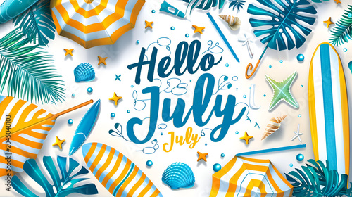 Hello july: tropical summer vibes with surfboards and seashells