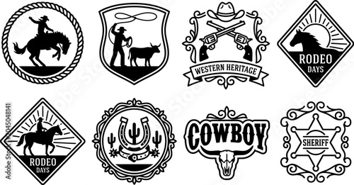 Tableau sur toile Set of western themed logos and badges with cowboy and rodeo elements and symbol