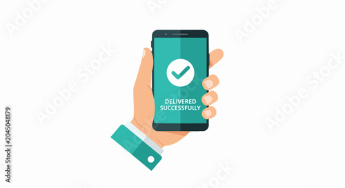 Hand Holding Smartphone with Successful Delivery Notification on Screen - Vector Illustration of Order Completion and Logistics Confirmation