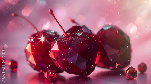 Geometric sparkling cherries with diamond facets in soft focus