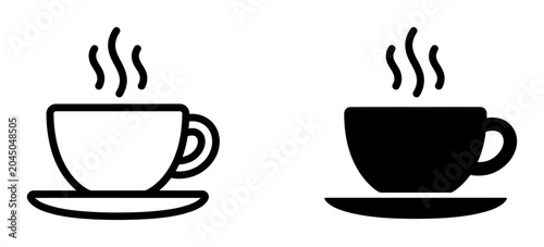 Bild auf Leinwand Hot Coffee Cup Icons, Black and White Line Art, Steaming Beverage Vector Set