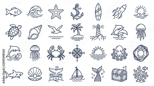 Create 25 unique ocean-themed party symbols, fish, wave, shell, starfish, anchor, surfboard, clean vector outline collection. white bg 

