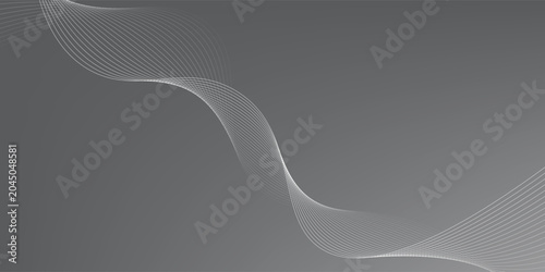 Abstract gray gradient background with elegant flowing white wave lines. Modern minimalist dynamic curved line texture for professional corporate business banners and presentation backdrops.