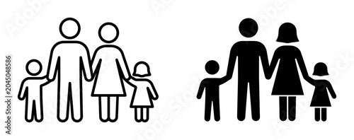 Family Icons, Two Styles: Outline and Solid Silhouette, Representing Parents and Children Holding Hands, Vector Graphics for Concepts of Unity, Togetherness, and Relationships