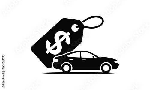 Car sale, vehicle price tag, dollar sign, automotive discount symbol, black icon