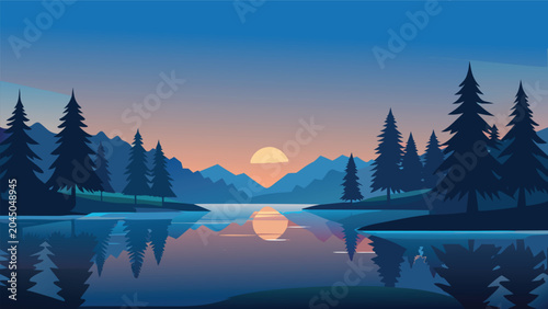 Fotografia Serene mountain lake reflecting sunset with evergreen trees and tranquil water d