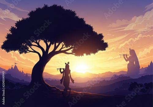 Krishna Playing Divine Flute Under Sacred Tree