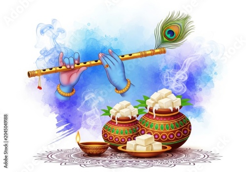 Krishna Playing Flute Beside Butter Pots Illustration