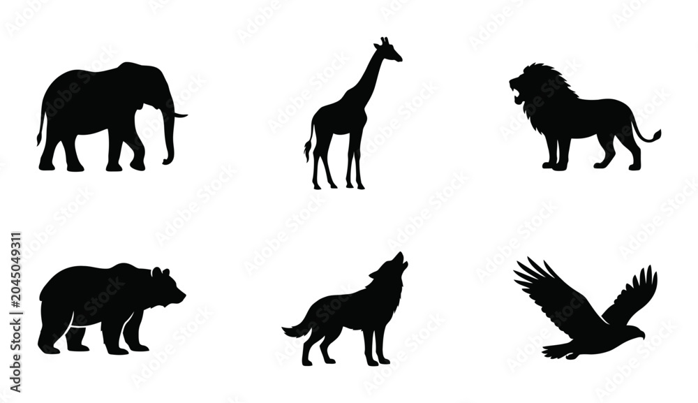 Obraz premium African Wildlife Silhouettes: Elephant, Giraffe, Lion, Bear, Wolf, Eagle Icons Set