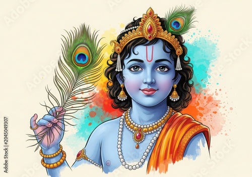 Lord Krishna Portrait With Peacock Feathers