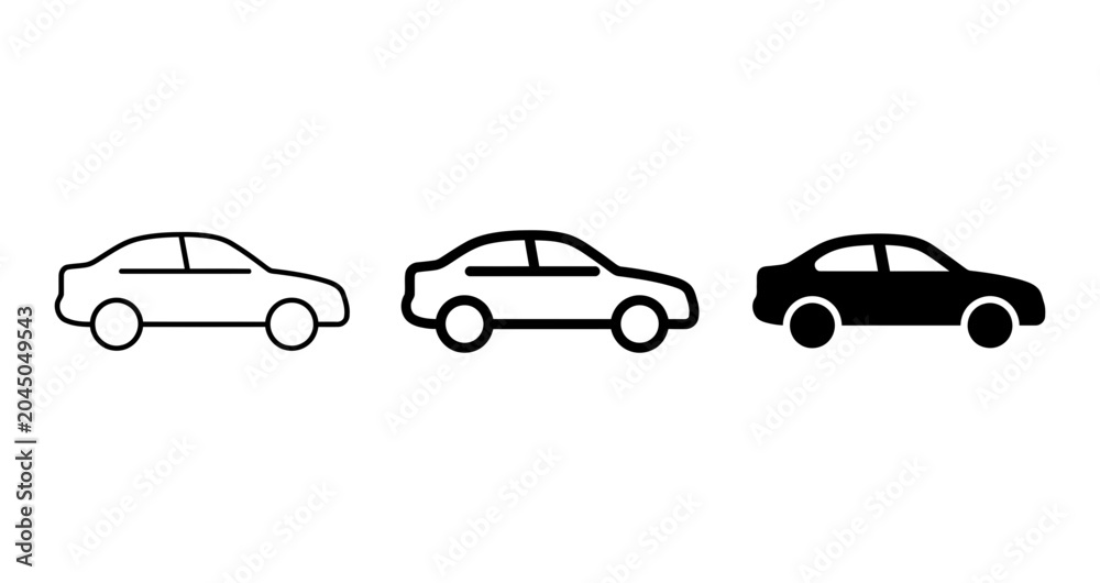 Fototapeta premium Set of Three Sedan Car Icons, Outline and Solid Black Vector Graphics, Automotive Transportation Symbols