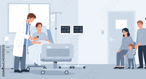 Doctor Examines Patient in Hospital Room with Family Visiting