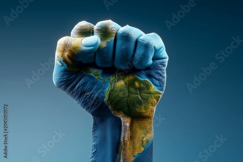 World Environment Day raised fist painted as Earth map symbolizing climate action and global unity