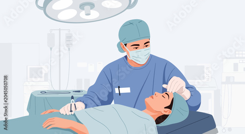 Surgeon performing cosmetic procedure on patient in operating room illustration.