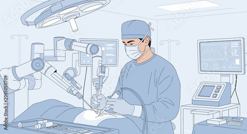 Surgeon operating with advanced robotic surgical system in sterile operating room.