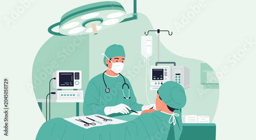Surgeon performing operation in modern operating room with medical equipment