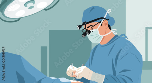 Surgeon Performing Operation in Operating Room with Surgical Tools