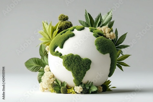Moss-Covered Green Earth Globe with Lush Leaves for World Environment Day Sustainability