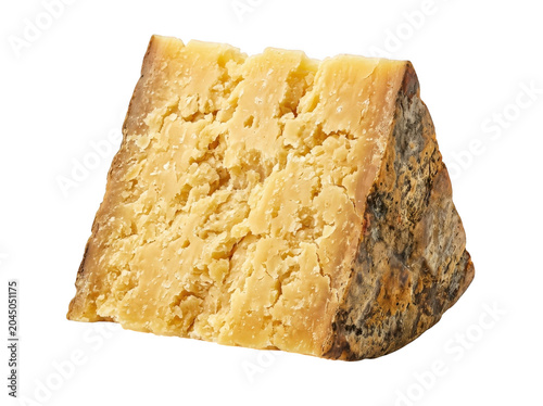 Fényképezés A wedge of aged cheese with a crumbly texture and moldy rind on white background