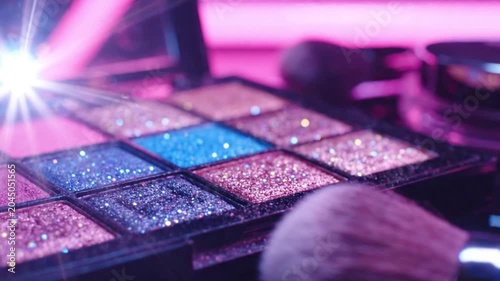 Makeup artist preparing eyeshadows palette with brushes for colorful application