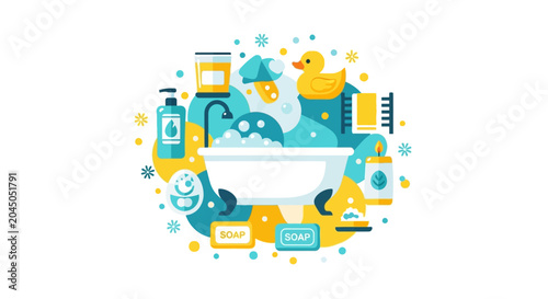 Bathroom Accessories and Bathtub Illustration with Soap and Rubber Duck, Wellness and Hygiene Concept Flat Vector Art