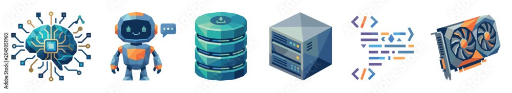 Fototapeta premium Artificial intelligence and technology computing icon set featuring a digital brain, robot assistant, database storage, server rack, programming code, and graphics card