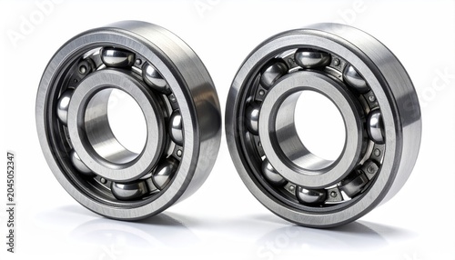 Two silver ball bearings with visible internal spheres, isolated on white