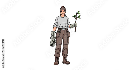 Принти на полотні Gardener woman holding a young plant with gloves and tools, ready for planting