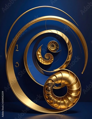 Elegant Golden Spiral Forms Arranged in Abstract Composition on Deep Blue Background