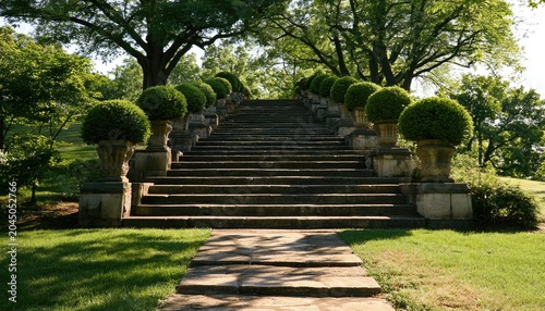 Stone steps ascend through manicured garden with urns, trees, and sun-dappled path