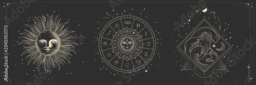 Foto Mystical Astrology and Celestial Set with Sun Face, Zodiac Wheel, and Ocean Wave