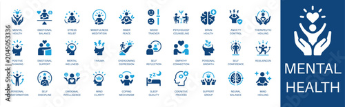  Mental health and wellness solid icon set. Featuring stress relief, emotional intelligence, brain health, anxiety control, and support group. Editable vector glyphs for counseling and wellbeing.