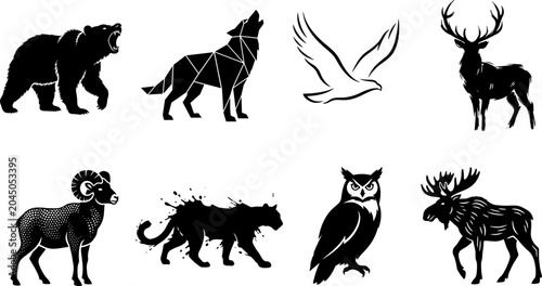 Fotografía Wild animals and birds black silhouettes set featuring roaring bear geometric wolf eagle deer ram panther owl and moose in image_a2e8c9