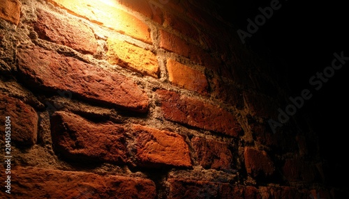 Close-up, dramatic lighting highlights textured, aged brick wall in shadow