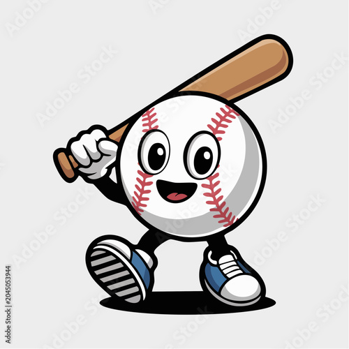 Happy smiling baseball character holding a wooden bat while walking cheerfully to play a fun game of sports at the stadium for children who enjoy athletic activities and outdoor field competition