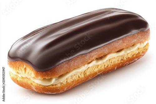 Chocolate Eclair Showcasing Cream Filling and Glossy Topping Details