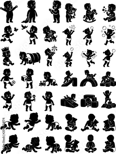 Black baby silhouette vector set, cute toddlers in various poses icons on a white background.