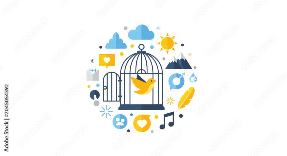 Fototapeta premium Bird Flying Out of Open Cage Vector Illustration - Conceptual Design Representing Freedom, New Beginnings, and Creative Expression