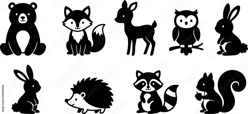 Εκτύπωση καμβά Set of cute forest animal silhouettes in black ink style for nursery decor and w