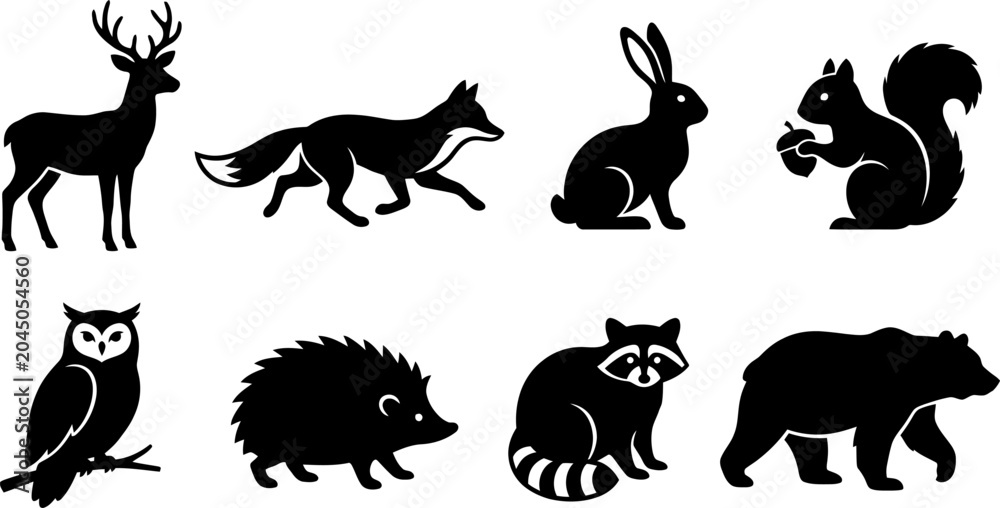 Ταπετσαρία Set of wild forest animal silhouettes including deer fox rabbit squirrel owl hed