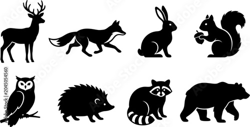 Photography Set of wild forest animal silhouettes including deer fox rabbit squirrel owl hed