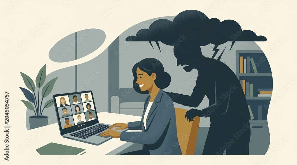 Fototapeta premium Woman working on laptop during video call with dark shadow figure looming behind her