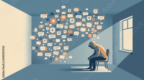 Person sitting alone in a room overwhelmed by a cloud of social media notifications and messages