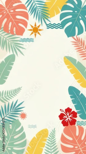 Tropical illustrated border with colorful leaves, hibiscus flowers, sun and waves surrounding a blank center for summer greeting or invitation design.